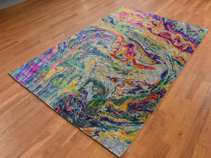 5'10" x 8'8" New Hand Knotted Multicolored Wool & Silk Rectangle Oriental Rug - MOA10278891