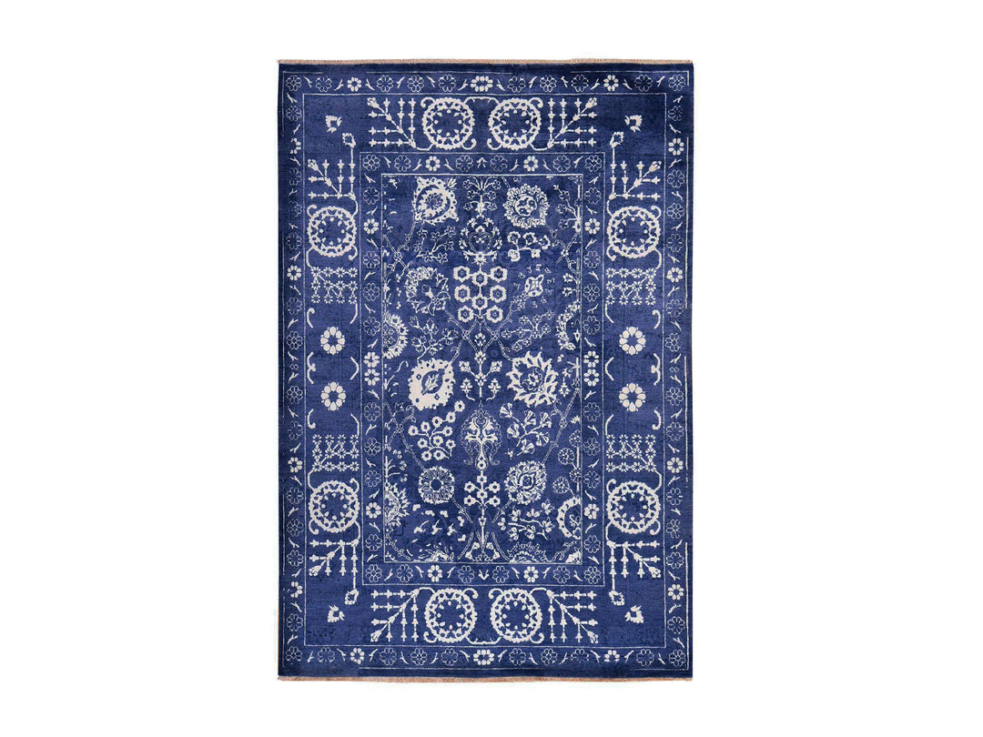 6'2" x 9'0" New Hand Knotted Blue Wool & Silk Rectangle Oriental Rug - MOA10278892