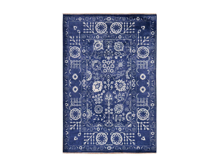 6'2" x 9'0" New Hand Knotted Blue Wool & Silk Rectangle Oriental Rug - MOA10278892
