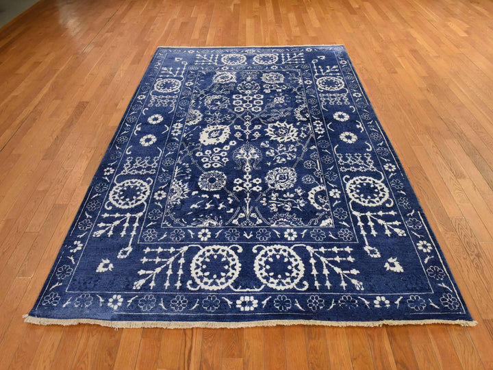 6'2" x 9'0" New Hand Knotted Blue Wool & Silk Rectangle Oriental Rug - MOA10278892
