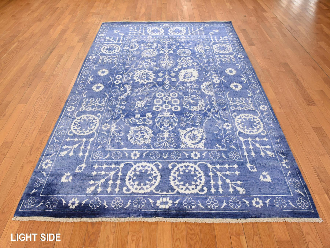 6'2" x 9'0" New Hand Knotted Blue Wool & Silk Rectangle Oriental Rug - MOA10278892
