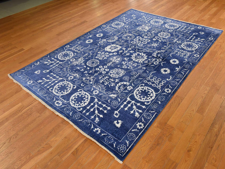 6'2" x 9'0" New Hand Knotted Blue Wool & Silk Rectangle Oriental Rug - MOA10278892
