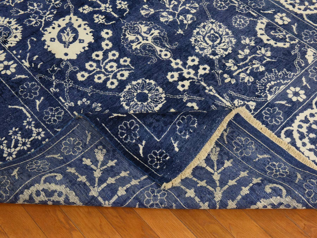 6'2" x 9'0" New Hand Knotted Blue Wool & Silk Rectangle Oriental Rug - MOA10278892