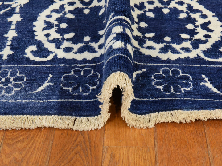 6'2" x 9'0" New Hand Knotted Blue Wool & Silk Rectangle Oriental Rug - MOA10278892