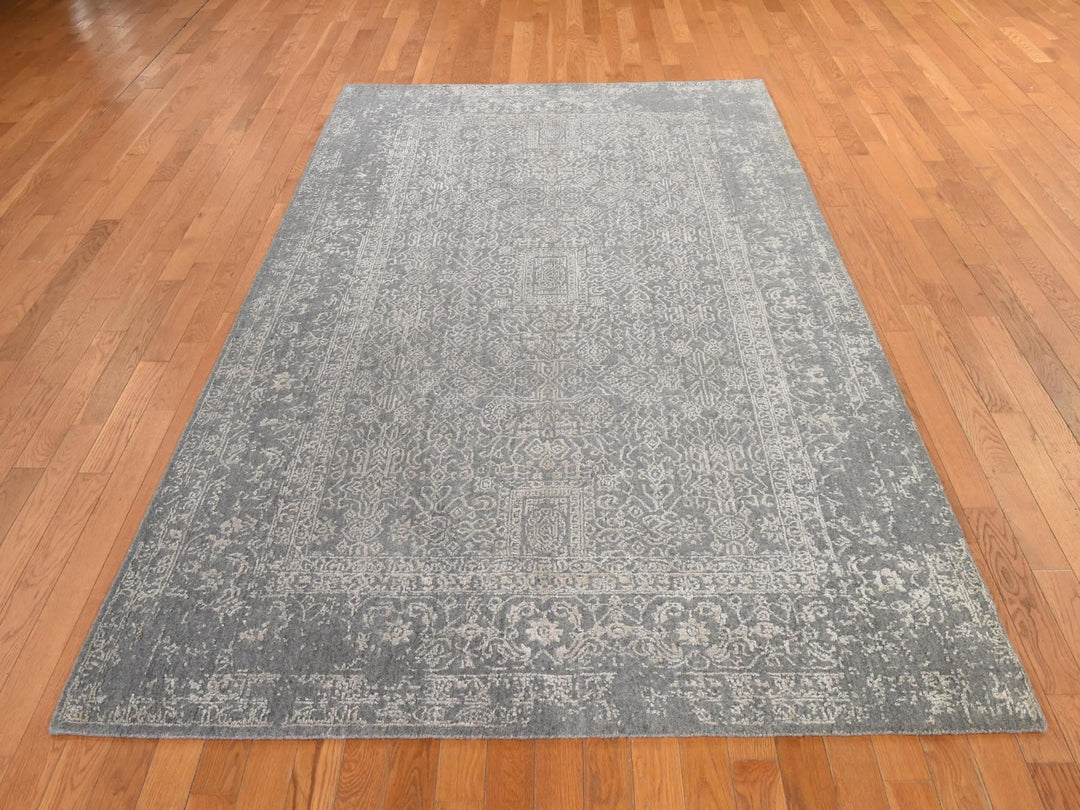 5'10" x 9'1" New Hand Loomed Grey Wool & Silk Rectangle Oriental Rug - MOA10278893
