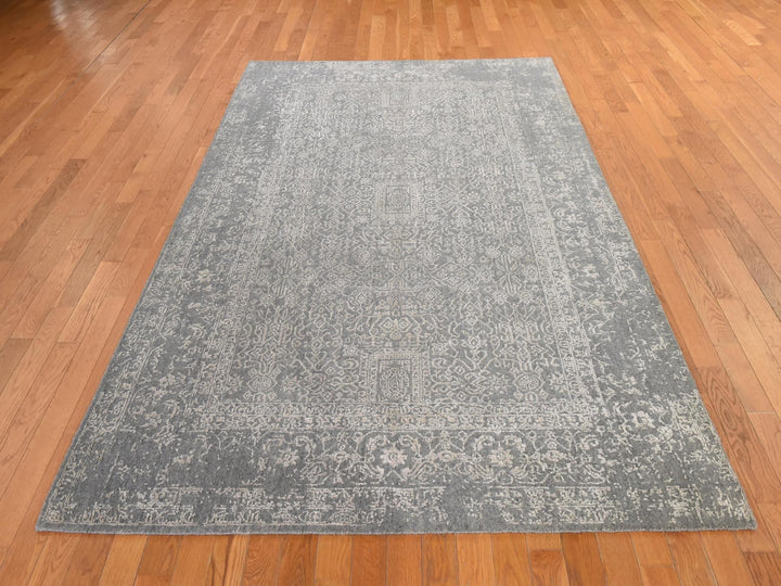 5'10" x 9'1" New Hand Loomed Grey Wool & Silk Rectangle Oriental Rug - MOA10278893