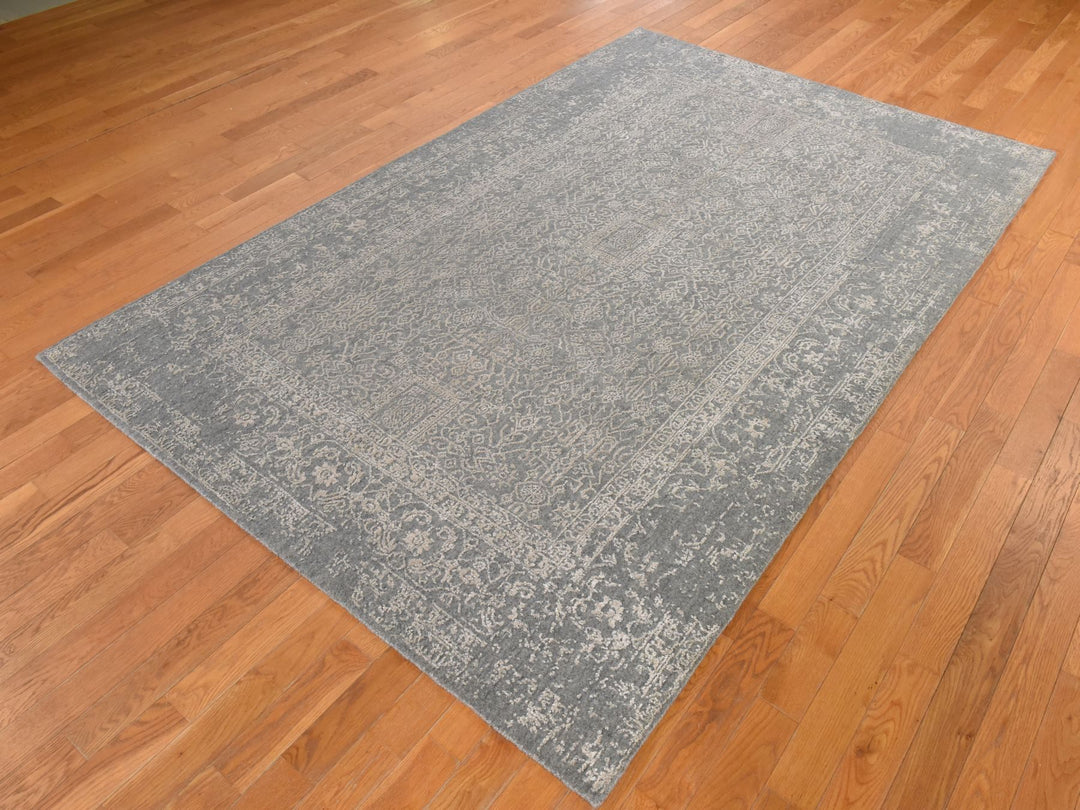 5'10" x 9'1" New Hand Loomed Grey Wool & Silk Rectangle Oriental Rug - MOA10278893