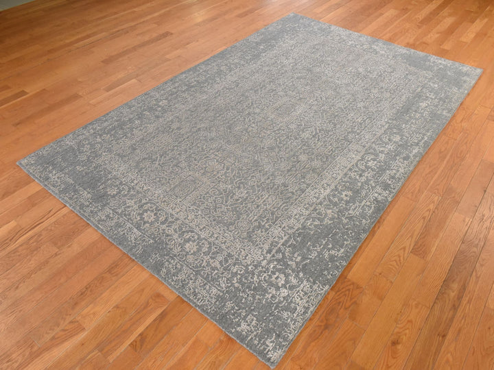 5'10" x 9'1" New Hand Loomed Grey Wool & Silk Rectangle Oriental Rug - MOA10278893
