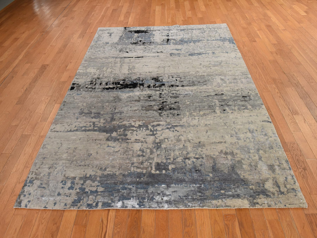 6'3" x 8'10" New Hand Knotted Beige Wool & Silk Rectangle Oriental Rug - MOA10278896