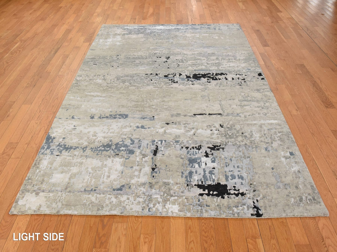 6'3" x 8'10" New Hand Knotted Beige Wool & Silk Rectangle Oriental Rug - MOA10278896