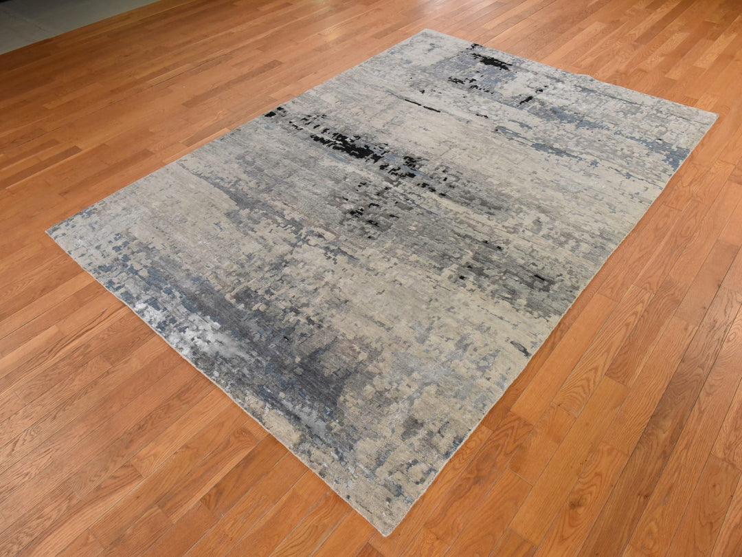 6'3" x 8'10" New Hand Knotted Beige Wool & Silk Rectangle Oriental Rug - MOA10278896