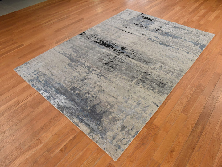 6'3" x 8'10" New Hand Knotted Beige Wool & Silk Rectangle Oriental Rug - MOA10278896