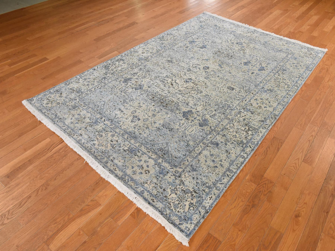 6'0" x 9'3" New Hand Knotted Ivory Wool & Silk Rectangle Oriental Rug - MOA10278899