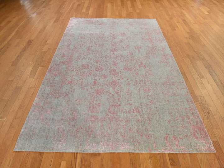 6'0" x 9'0" New Hand Loomed Pink Wool & Silk Rectangle Oriental Rug - MOA10278900