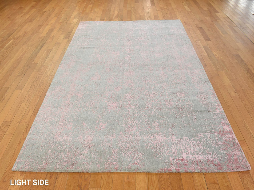 6'0" x 9'0" New Hand Loomed Pink Wool & Silk Rectangle Oriental Rug - MOA10278900