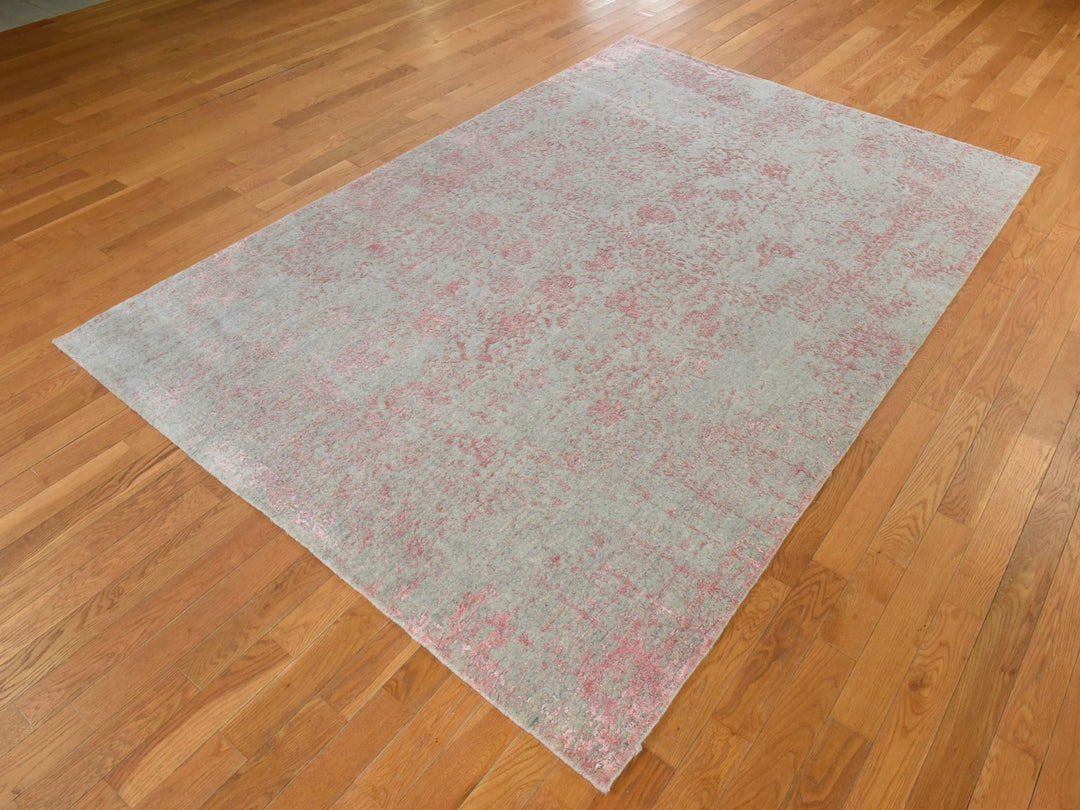 6'0" x 9'0" New Hand Loomed Pink Wool & Silk Rectangle Oriental Rug - MOA10278900