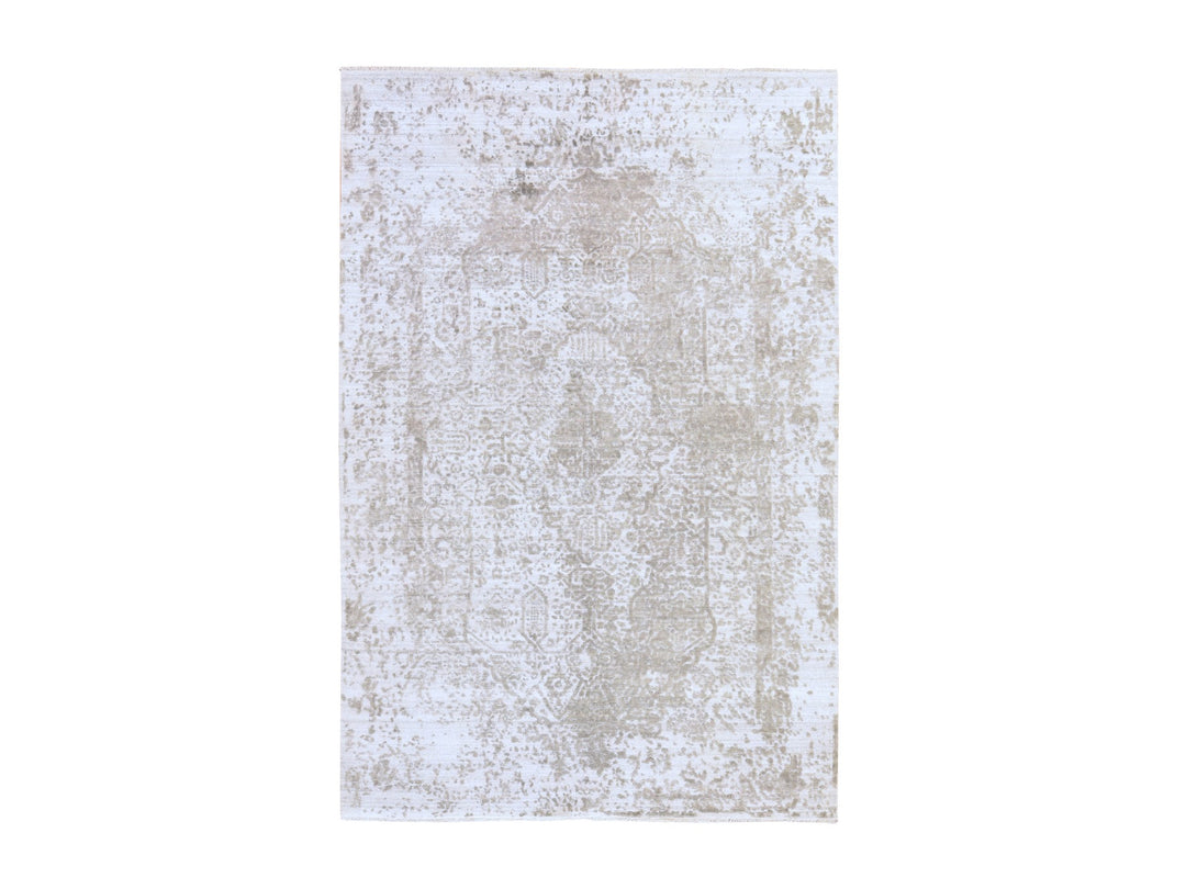 6'0" x 9'0" New Hand Knotted Grey Wool & Silk Rectangle Oriental Rug - MOA10278901