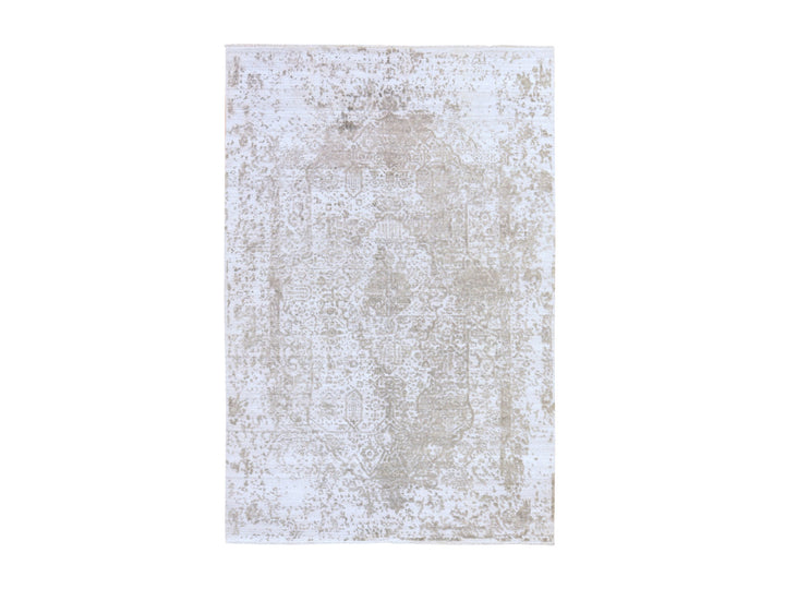 6'0" x 9'0" New Hand Knotted Grey Wool & Silk Rectangle Oriental Rug - MOA10278901