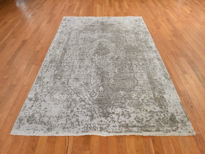6'0" x 9'0" New Hand Knotted Grey Wool & Silk Rectangle Oriental Rug - MOA10278901