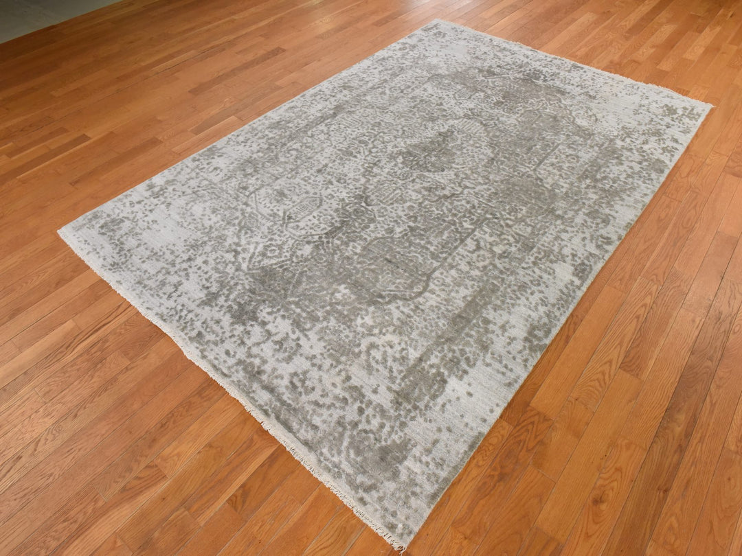 6'0" x 9'0" New Hand Knotted Grey Wool & Silk Rectangle Oriental Rug - MOA10278901