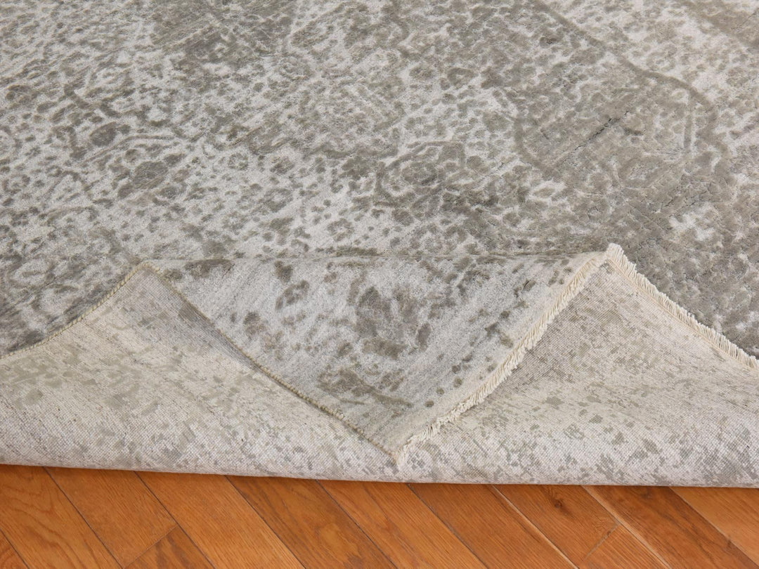 6'0" x 9'0" New Hand Knotted Grey Wool & Silk Rectangle Oriental Rug - MOA10278901