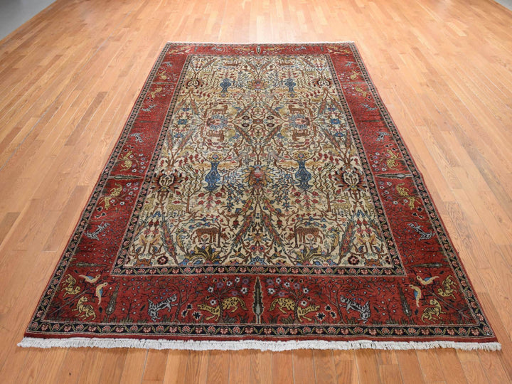 6'6" x 9'8" Vintage Hand Knotted Ivory Wool Rectangle Oriental Rug - MOA10278912