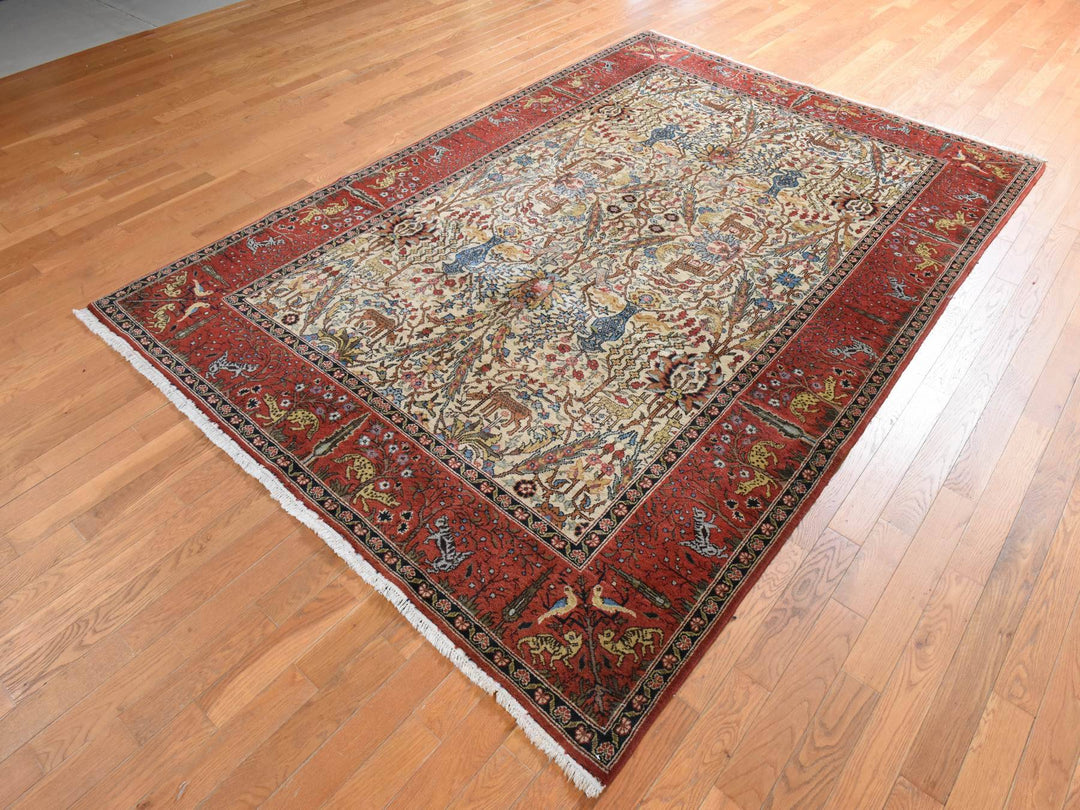 6'6" x 9'8" Vintage Hand Knotted Ivory Wool Rectangle Oriental Rug - MOA10278912