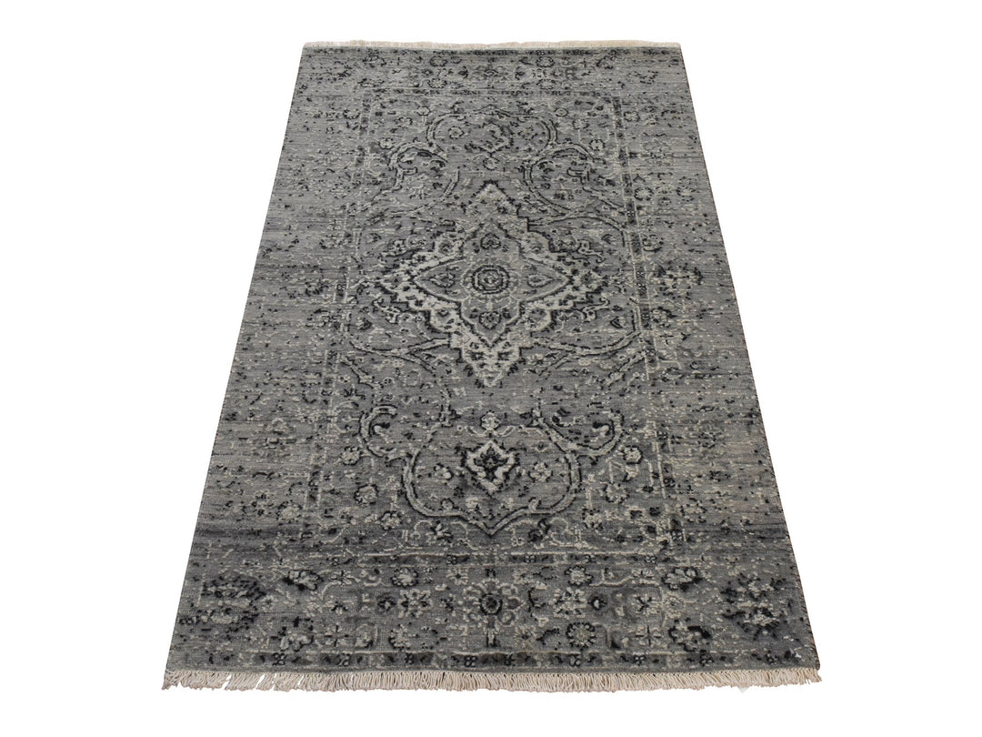3'1" x 5'1" New Hand Knotted Grey Wool & Silk Rectangle Oriental Rug - MOA10278922