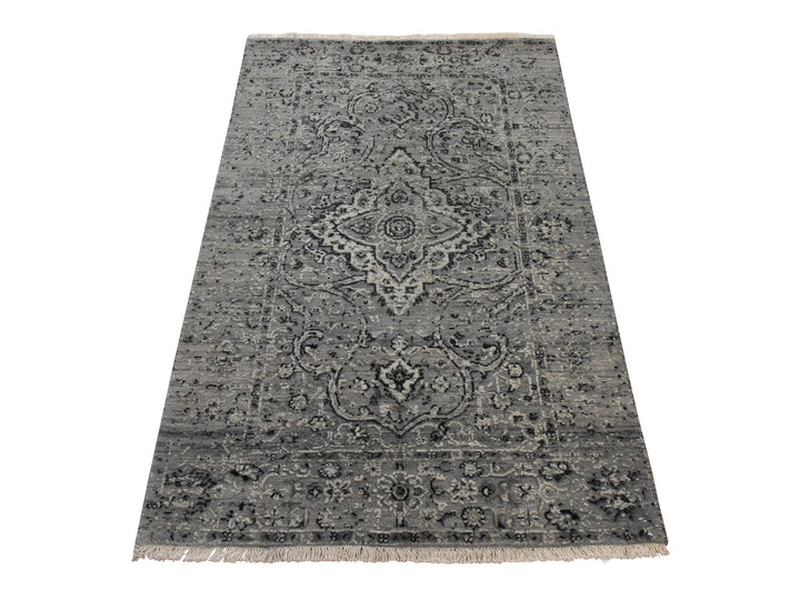 3'1" x 5'1" New Hand Knotted Grey Wool & Silk Rectangle Oriental Rug - MOA10278922