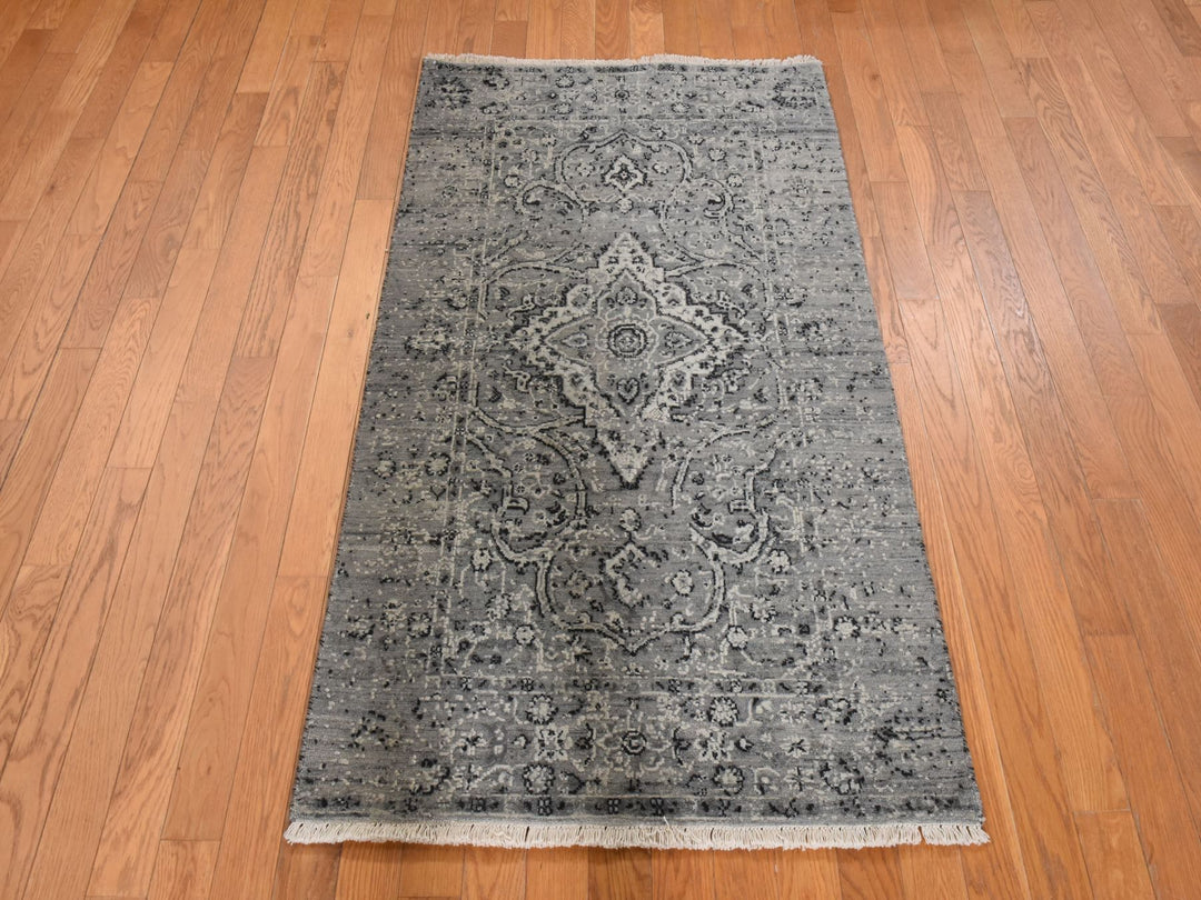 3'1" x 5'1" New Hand Knotted Grey Wool & Silk Rectangle Oriental Rug - MOA10278922