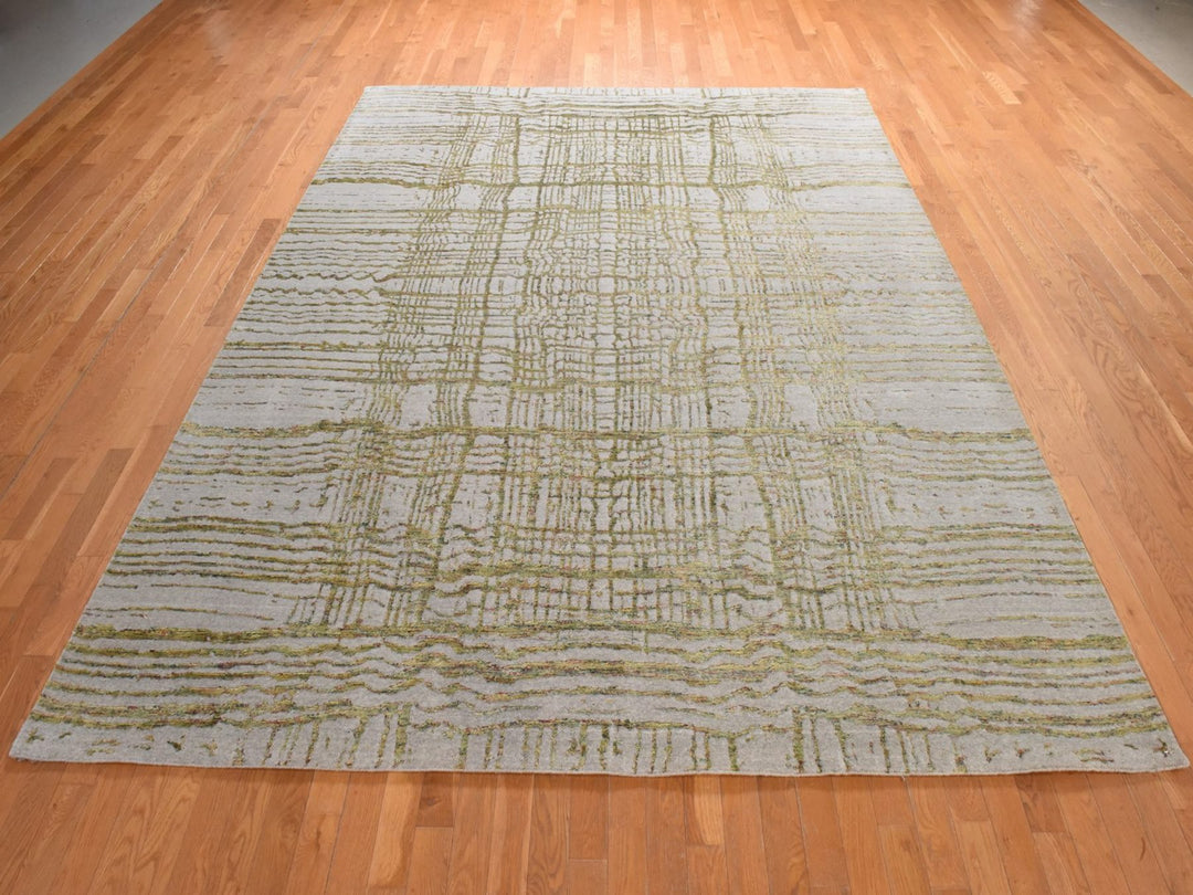 9'0" x 11'7" New Hand Loomed Grey Wool & Silk Rectangle Oriental Rug - MOA10278928