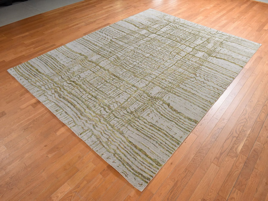 9'0" x 11'7" New Hand Loomed Grey Wool & Silk Rectangle Oriental Rug - MOA10278928