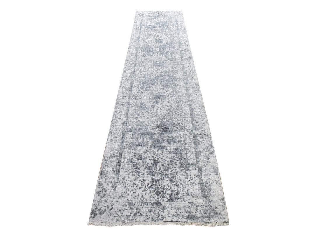 2'7" x 12'0" New Hand Knotted Grey Wool & Silk Runner Oriental Rug - MOA10278934
