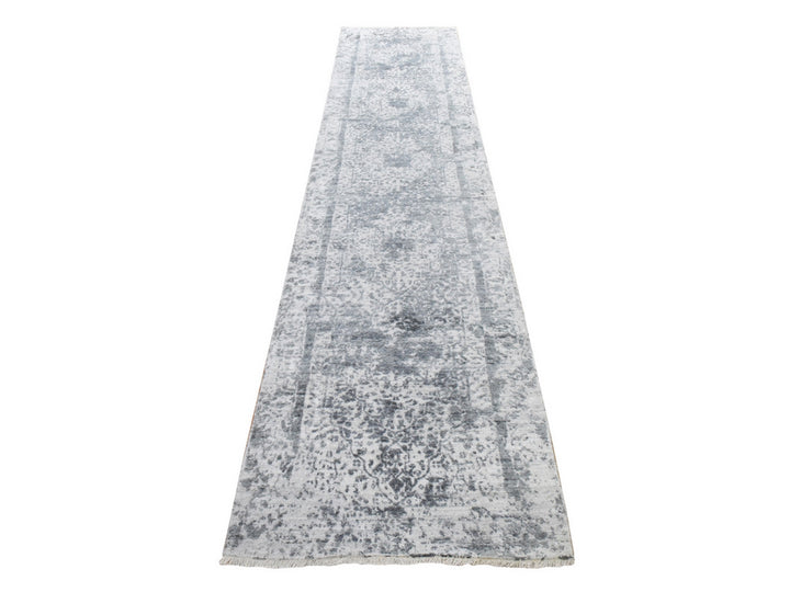 2'7" x 12'0" New Hand Knotted Grey Wool & Silk Runner Oriental Rug - MOA10278934