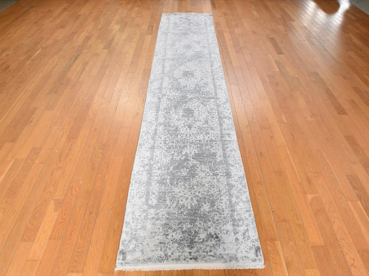 2'7" x 12'0" New Hand Knotted Grey Wool & Silk Runner Oriental Rug - MOA10278934