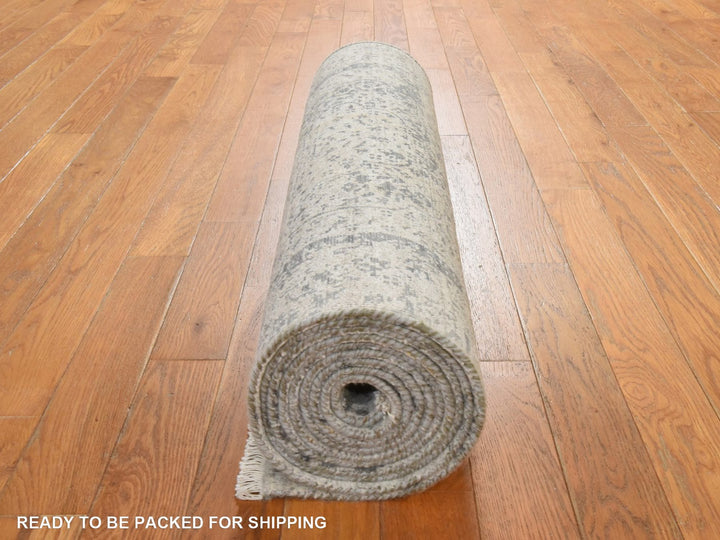 2'7" x 12'0" New Hand Knotted Grey Wool & Silk Runner Oriental Rug - MOA10278934