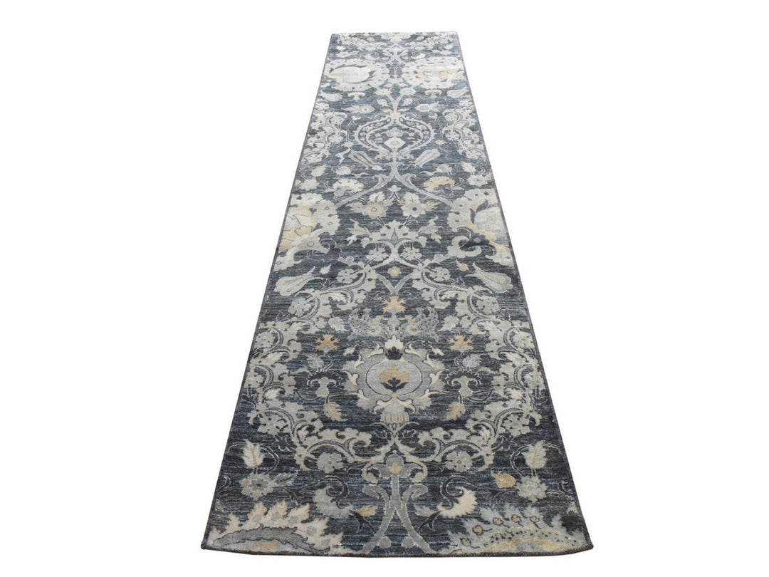 3'0" x 12'2" New Hand Knotted Grey Wool & Silk Runner Oriental Rug - MOA10278940