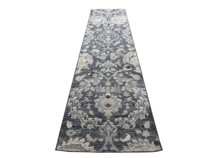 3'0" x 12'2" New Hand Knotted Grey Wool & Silk Runner Oriental Rug - MOA10278940