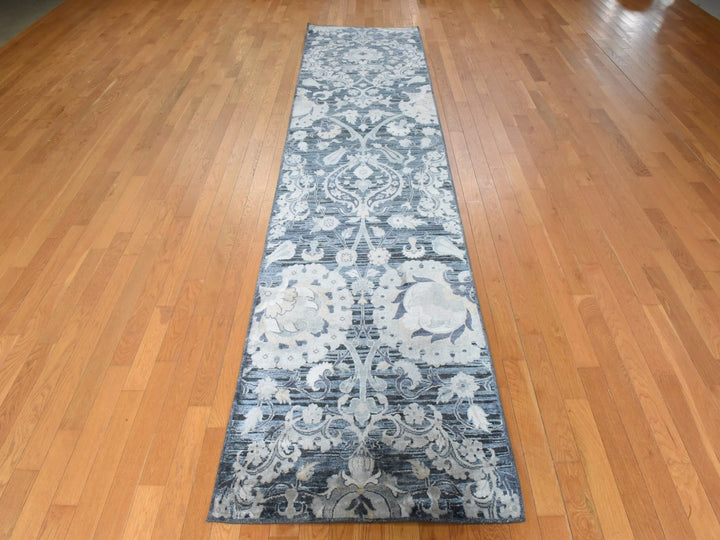 3'0" x 12'2" New Hand Knotted Grey Wool & Silk Runner Oriental Rug - MOA10278940