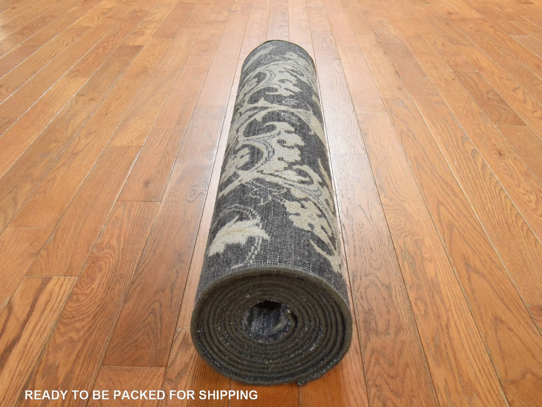 3'0" x 12'2" New Hand Knotted Grey Wool & Silk Runner Oriental Rug - MOA10278940