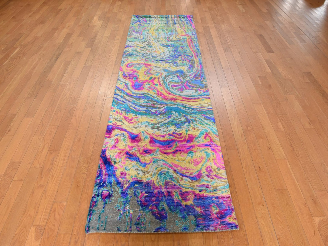 3'0" x 10'0" New Hand Knotted Multicolored Wool & Silk Runner Oriental Rug - MOA10278941