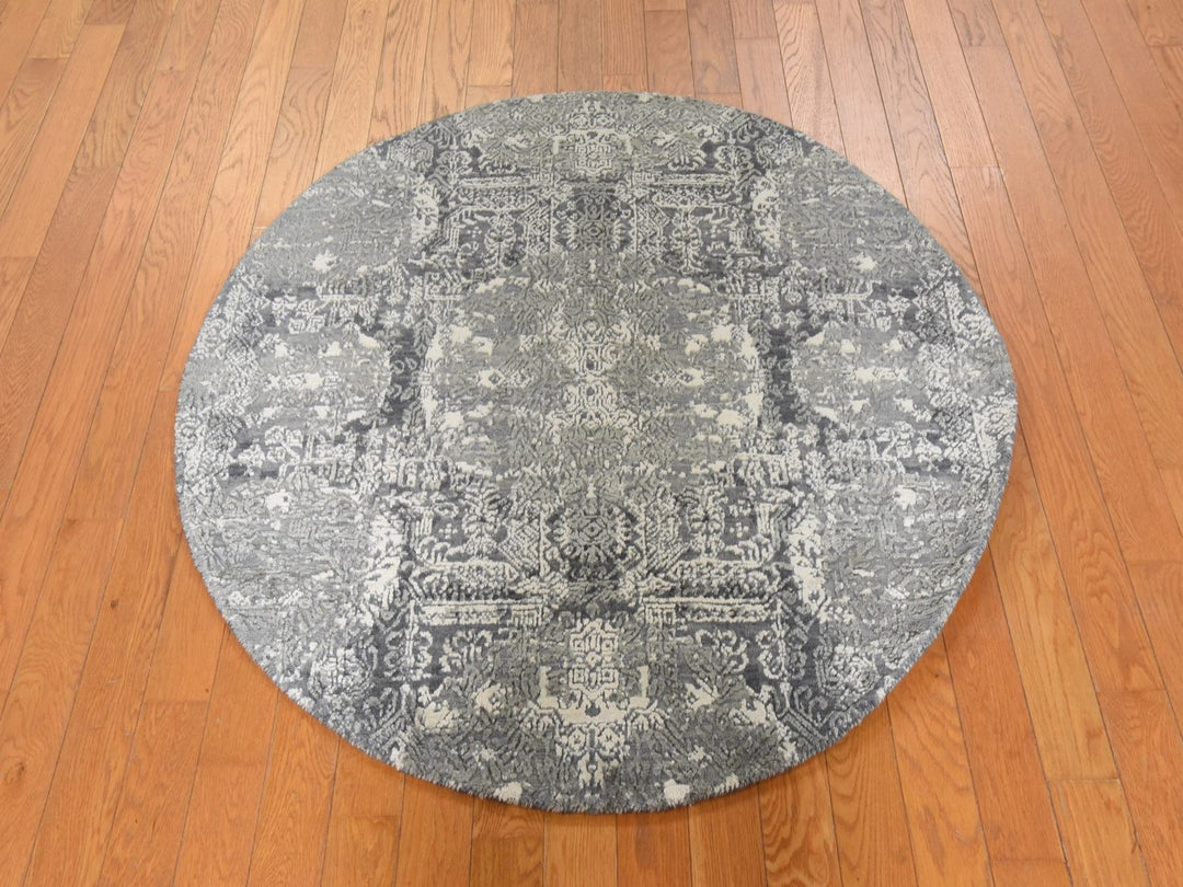 4'0" x 4'0" New Hand Knotted Grey Wool & Silk Round Oriental Rug - MOA10278942