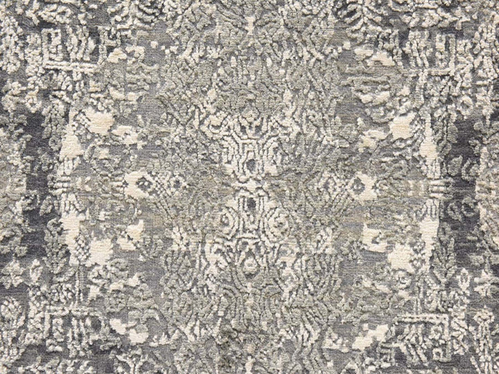 4'0" x 4'0" New Hand Knotted Grey Wool & Silk Round Oriental Rug - MOA10278942