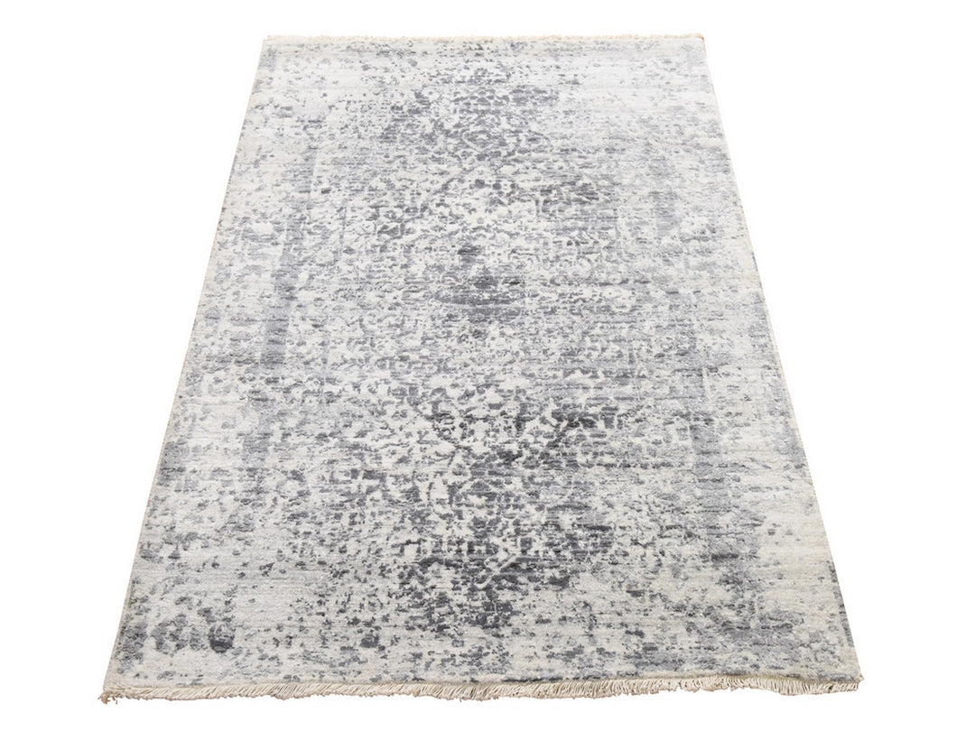 3'0" x 5'1" New Hand Knotted Grey Wool & Silk Rectangle Oriental Rug - MOA10278951
