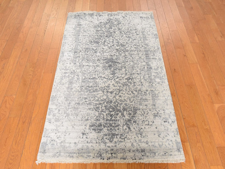 3'0" x 5'1" New Hand Knotted Grey Wool & Silk Rectangle Oriental Rug - MOA10278951