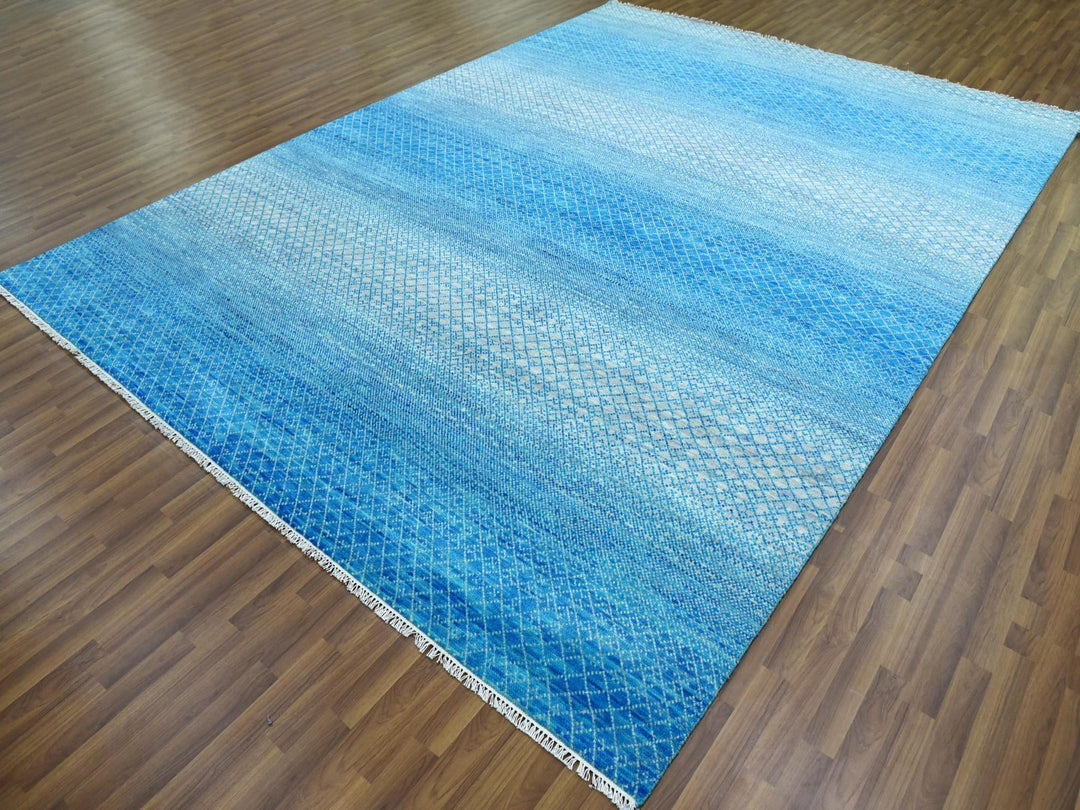 9'1" x 12'2" New Hand Knotted Blue Wool Rectangle Oriental Rug - MOA10279014