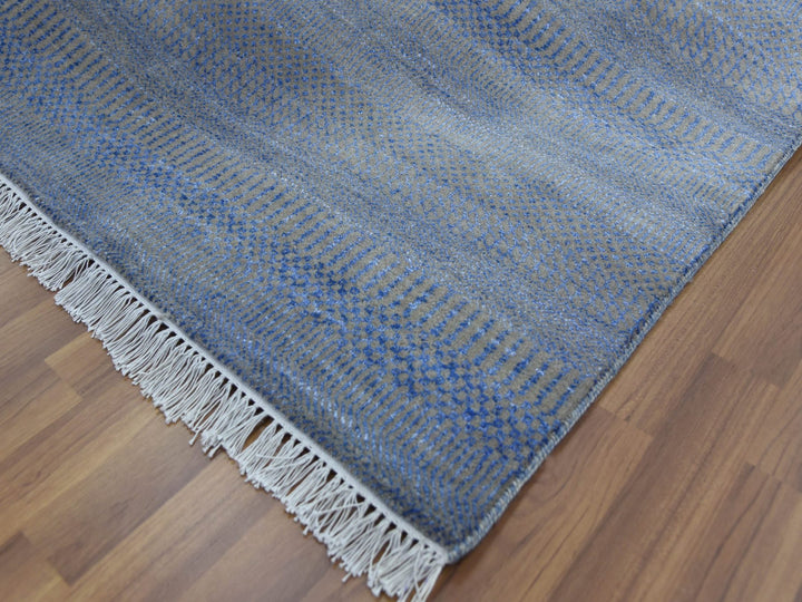 6'1" x 9'1" New Hand Knotted Blue Wool & Silk Rectangle Oriental Rug - MOA10279122