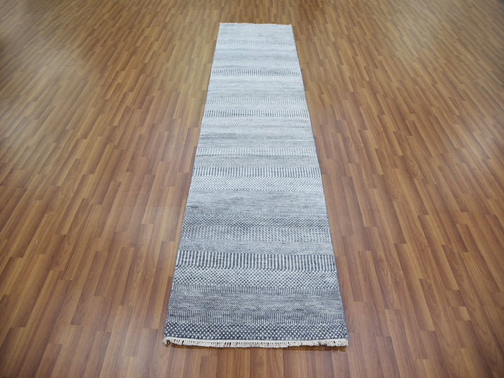 2'10" x 10'2" New Hand Knotted Grey Wool & Silk Runner Oriental Rug - MOA10279147