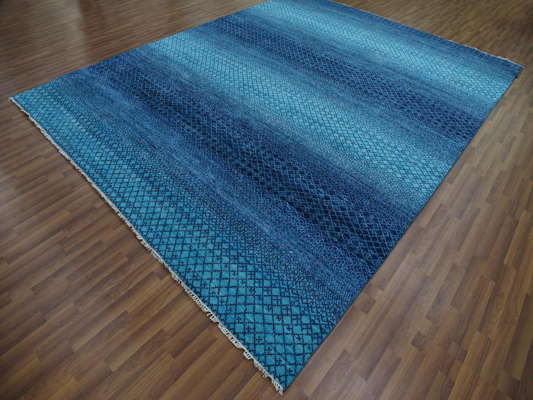 9'1" x 11'8" New Hand Knotted Blue Wool Rectangle Oriental Rug - MOA10279227
