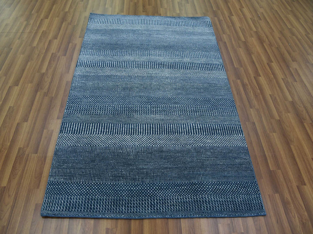 4'1" x 6'1" New Hand Knotted Blue Wool & Silk Rectangle Oriental Rug - MOA10279242